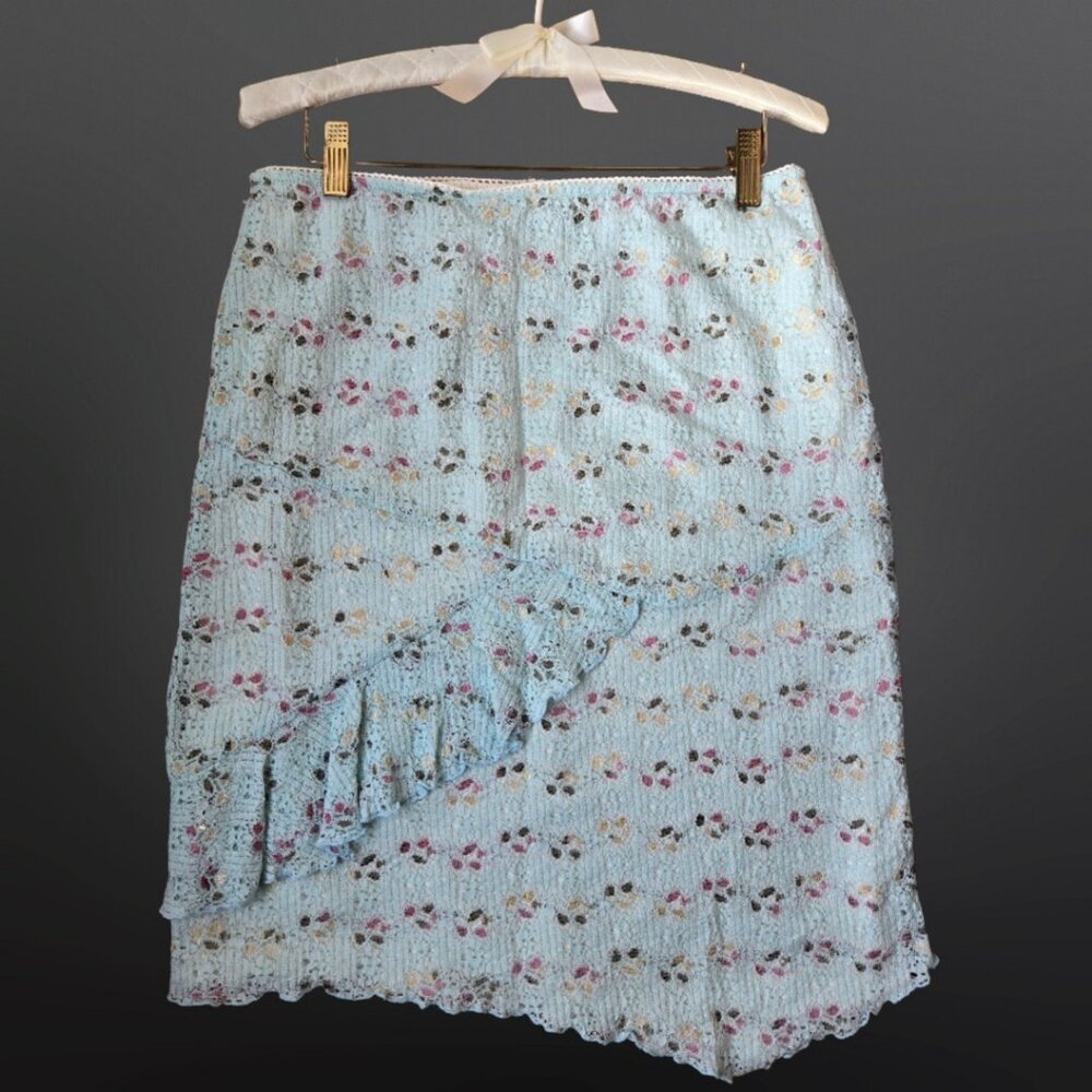 Vintage 90s Ruffled Asymmetric Lace Skirt Size M Blue Fairy Coquette Cottagecore